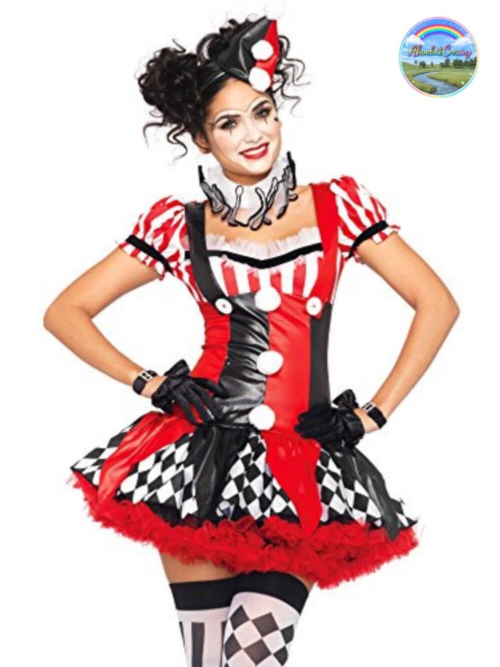 3 Pc Harlequin Clown Suspender Dress Neck Piece Pom Pom Hat Costume Set